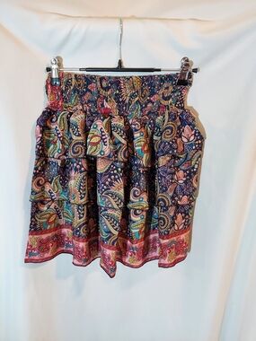 Rhea Costa Multicolored Paisley Smocked Waist Tiered Skirt with Pink Border